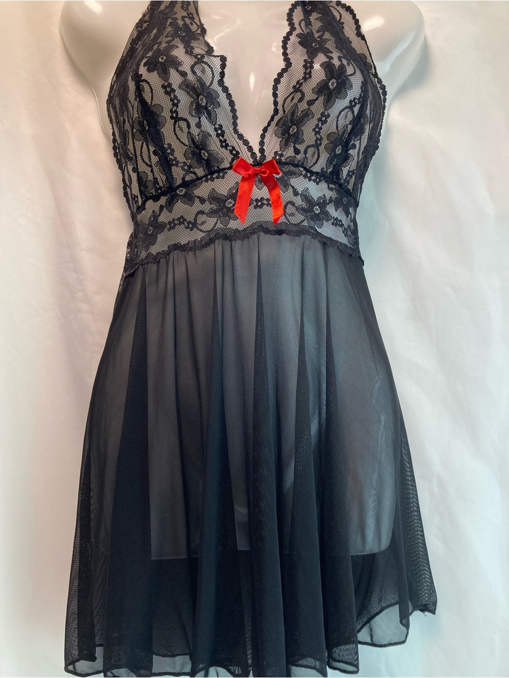 Lace Halter Chemise with Red Bow Accent - Sheer Blackj